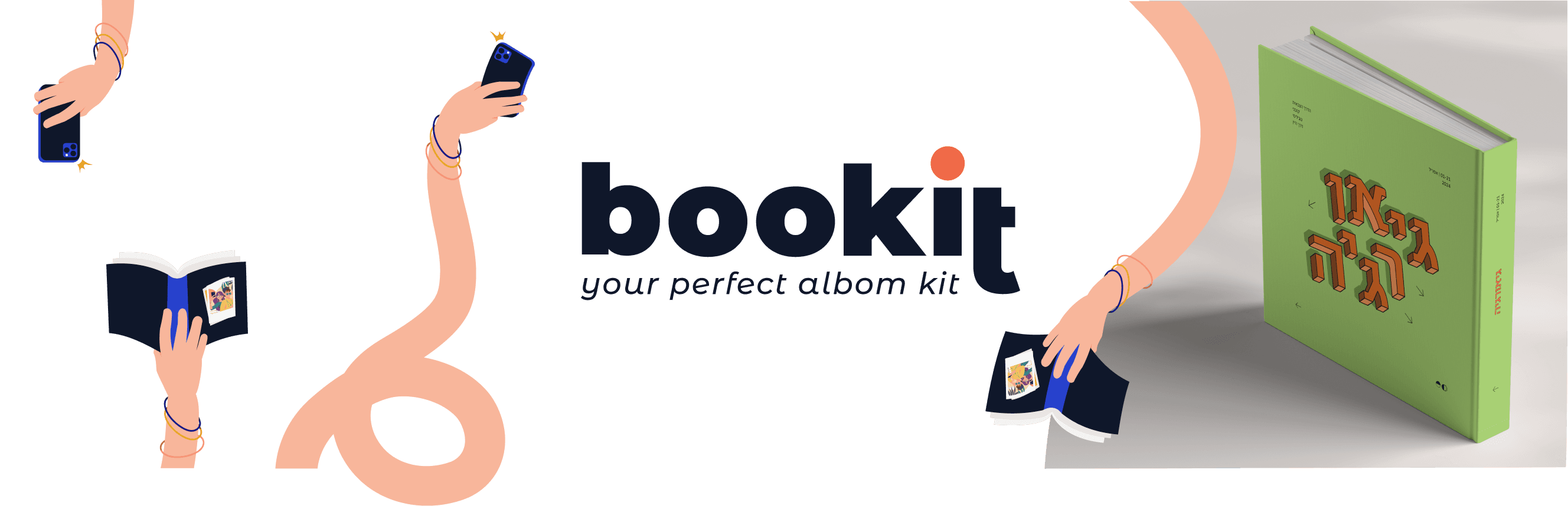 Bookit logo and your perfect album kit tagline, illustrated hands holding phones and albums, and a green Tokyo album