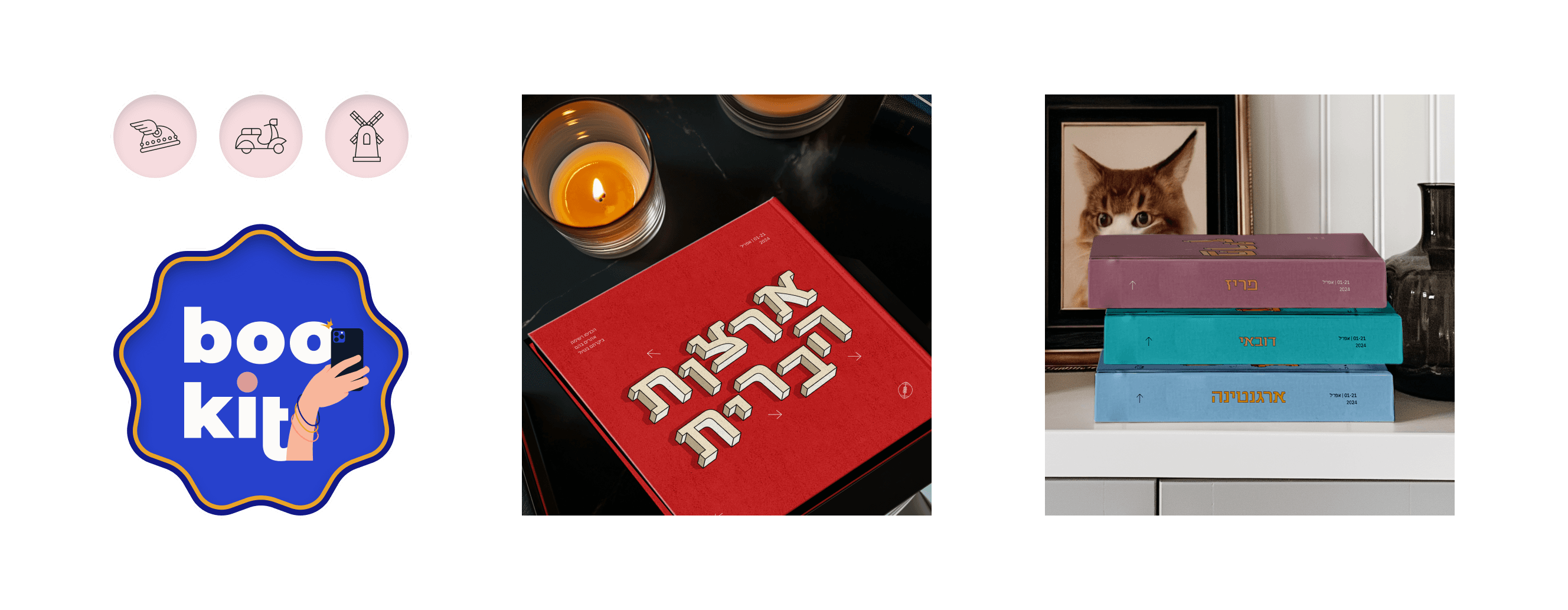 Travel icons, Bookit sticker, a red United States album and a stack of travel albums