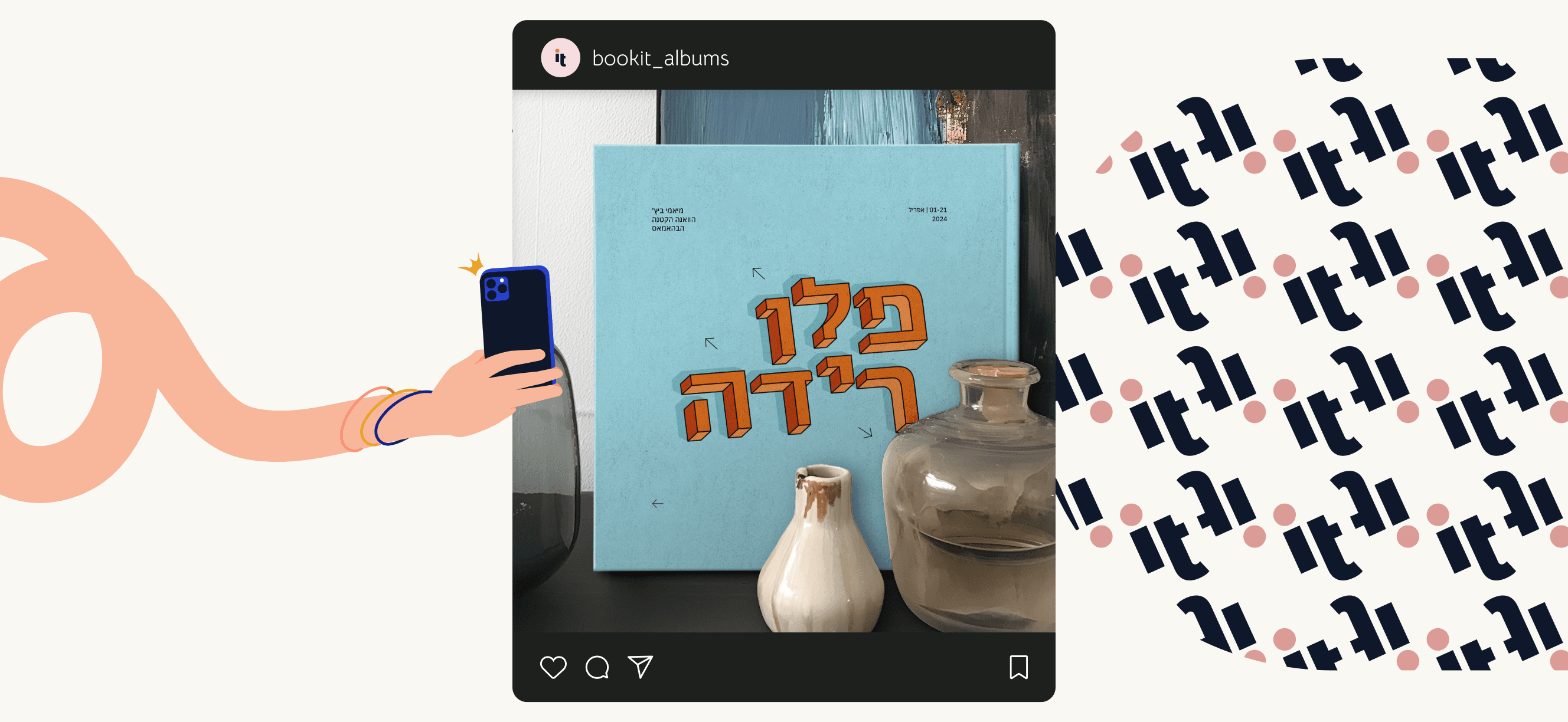 Bookit Instagram post with fixed black icon bars, illustrated hand and repeating brand pattern