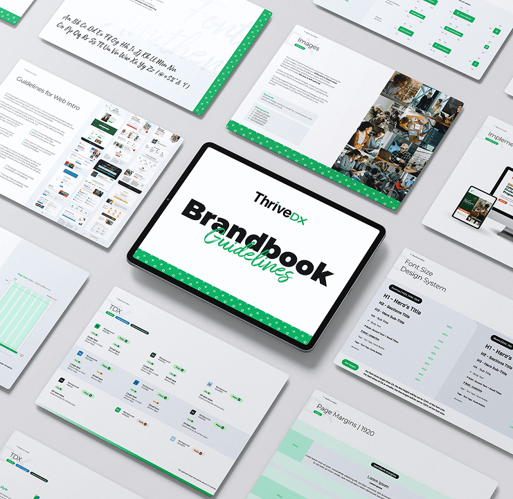 ThriveDX Brandbook displayed on a tablet, surrounded by visual and web guidelines