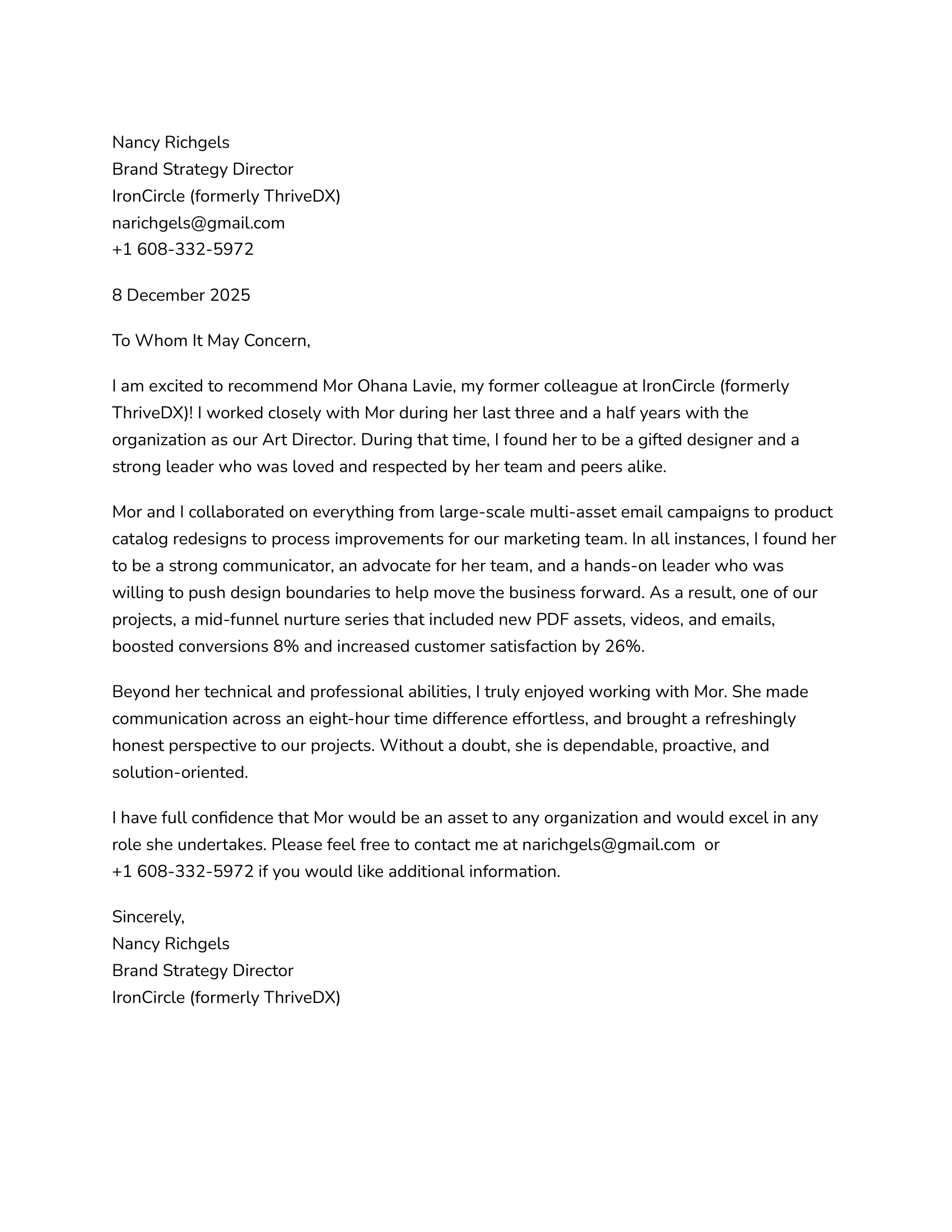 Letter of recommendation from Nancy Richgels